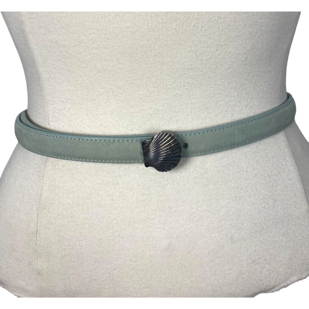 Vintage Talbots Leather Green Belt Silver Tone Shell Buckle Medium Preppy Skinny